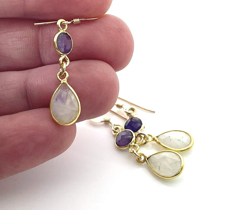 Amethyst & Moonstone Dangle Earrings – 14k Gold Filled, 1.5" Handmade in Raleigh