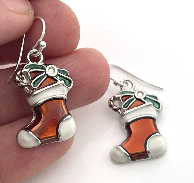 Enameled Christmas Stocking Earrings – Sterling Silver Hooks, Handmade in Raleigh, Stocking Stuffer for Her