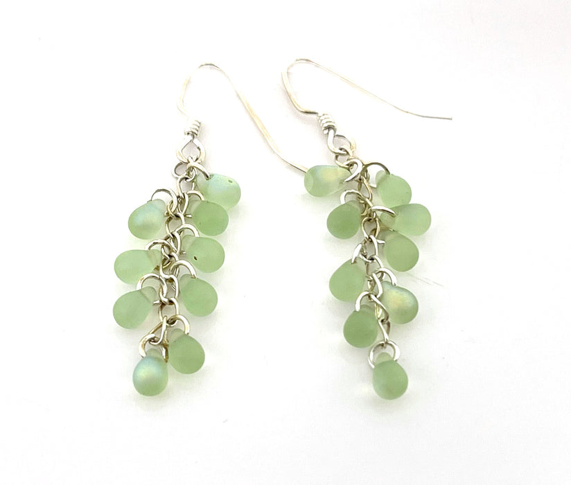 Upcycled Seaglass Cluster Earrings – Light Green, Sterling Silver Hooks, 2" Handmade in Raleigh