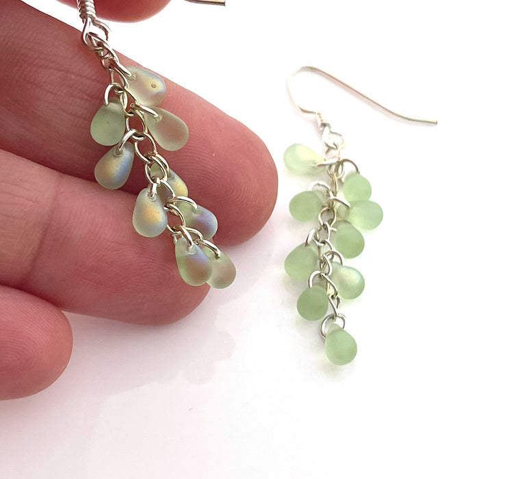 Upcycled Seaglass Cluster Earrings – Light Green, Sterling Silver Hooks, 2" Handmade in Raleigh