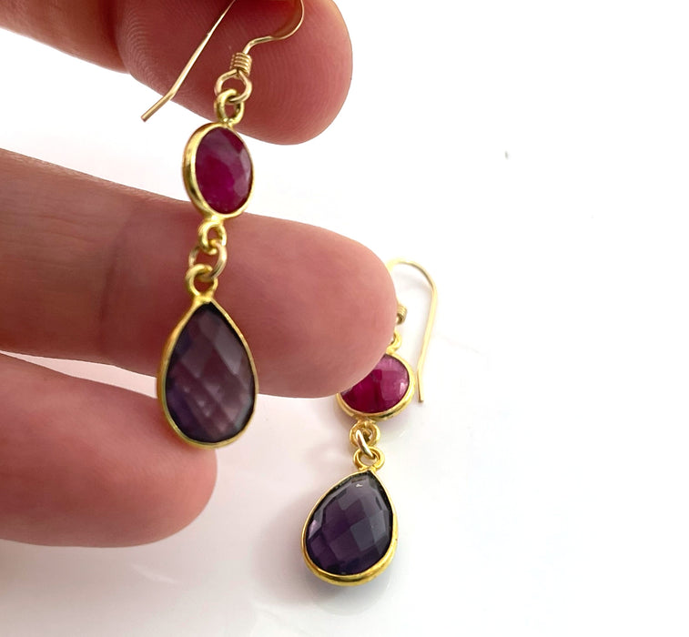Dyed Ruby & Amethyst Gemstone Drop Earrings – 14k Gold Filled Bezels – Handmade in Raleigh NC – 1.5" Gift-Boxed Jewelry