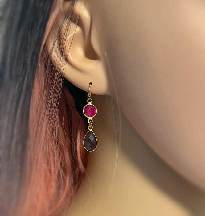 Dyed Ruby & Amethyst Gemstone Drop Earrings – 14k Gold Filled Bezels – Handmade in Raleigh NC – 1.5" Gift-Boxed Jewelry