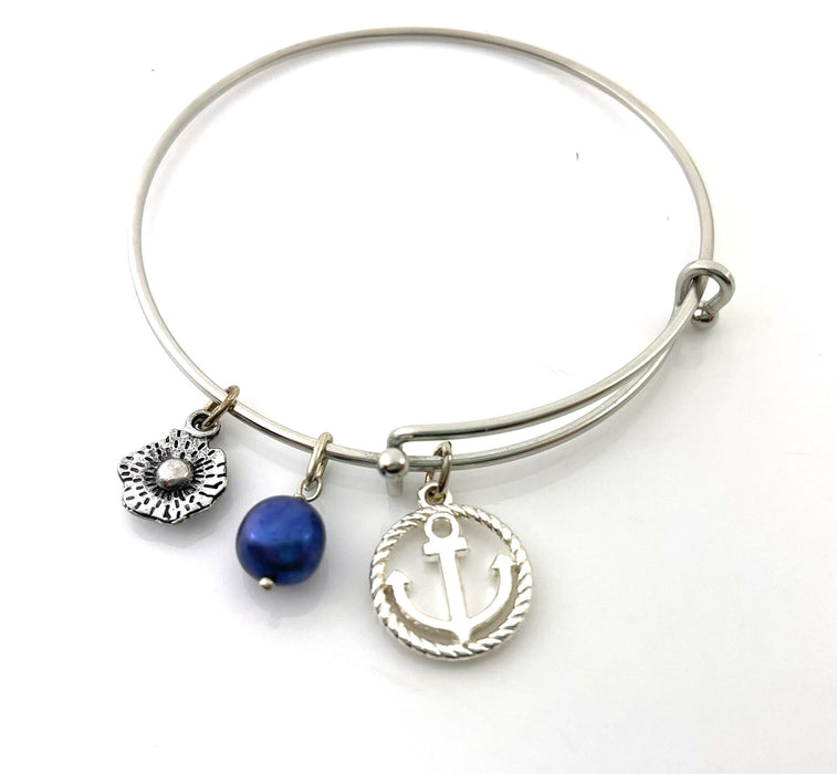 Stainless Steel Adjustable Charm Bangle – Freshwater Pearl, Flower & Anchor Charms – Handmade in Raleigh NC – Gift Box Included