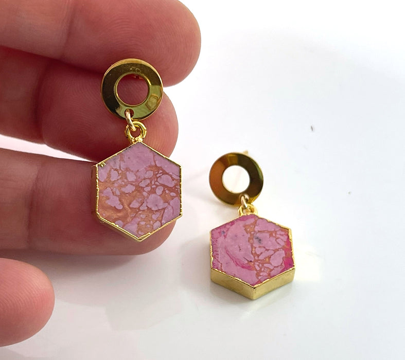 Pink Howlite Hexagon Drop Earrings – Retro Brass Circle Posts – Handmade in Raleigh NC – 1" Gift-Boxed Jewelry