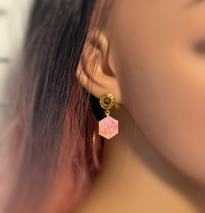 Pink Howlite Hexagon Drop Earrings – Retro Brass Circle Posts – Handmade in Raleigh NC – 1" Gift-Boxed Jewelry