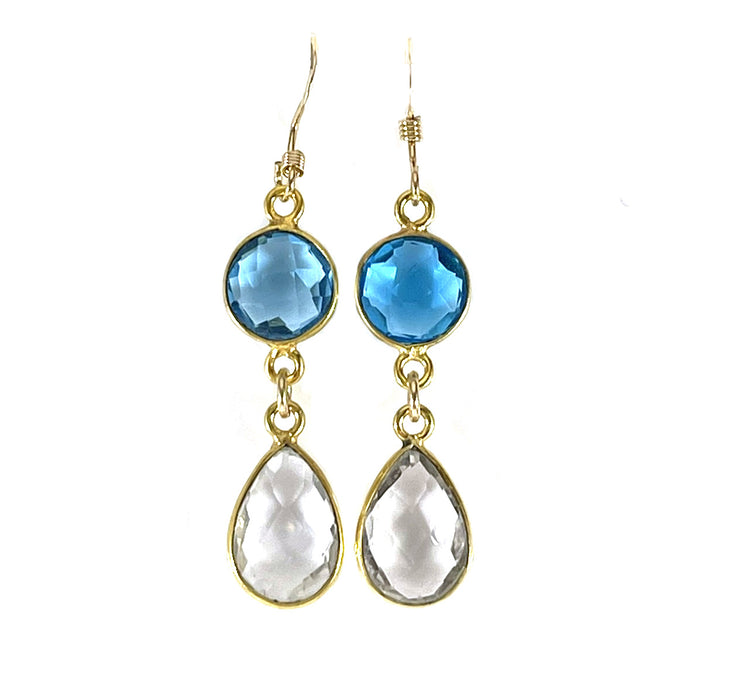Blue & Clear Hydro Quartz Bezel Drop Earrings – 14k Gold Filled – Handmade in Raleigh NC – 1.5" Gift-Boxed Jewelry