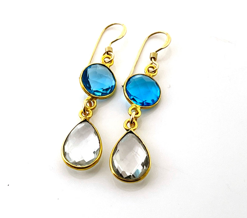 Blue & Clear Hydro Quartz Bezel Drop Earrings – 14k Gold Filled – Handmade in Raleigh NC – 1.5" Gift-Boxed Jewelry