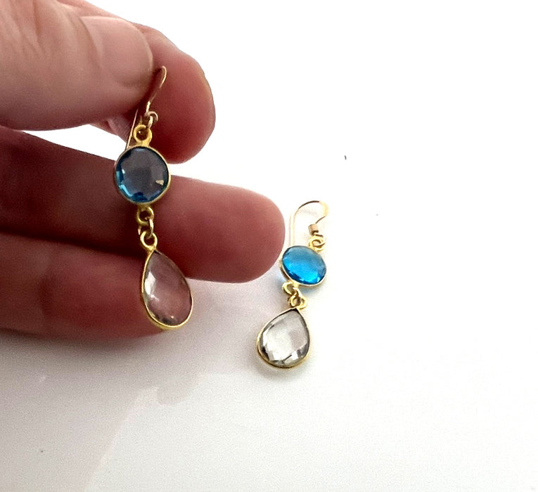 Blue & Clear Hydro Quartz Bezel Drop Earrings – 14k Gold Filled – Handmade in Raleigh NC – 1.5" Gift-Boxed Jewelry