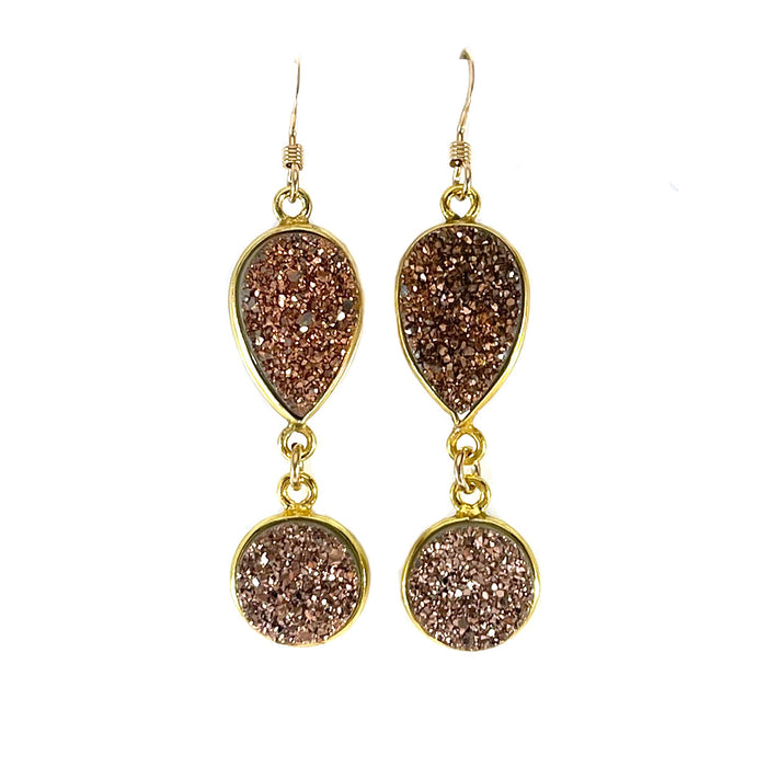 Rose Gold Druzy Drop Earrings – 14k Gold Filled Dangle Design – Handmade in Raleigh NC – 1.75" Gift-Boxed Jewelry