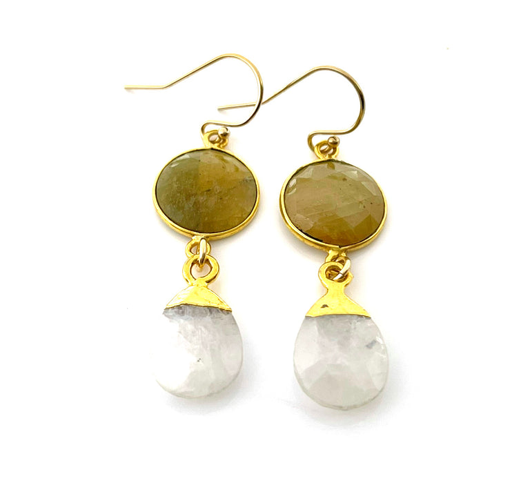 Golden Sapphire & Moonstone Bezel Drop Earrings – 14k Gold Filled – Handmade in Raleigh NC – Gift-Boxed Jewelry