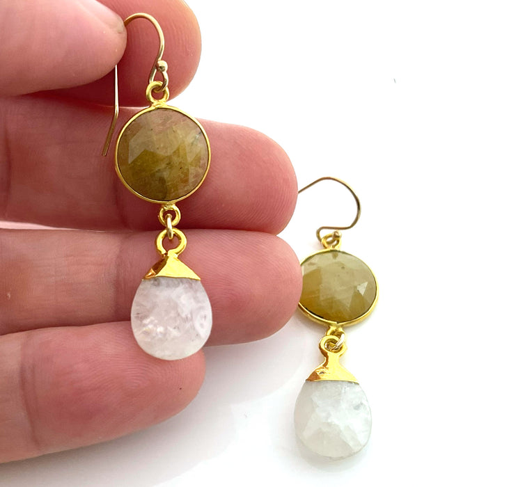 Golden Sapphire & Moonstone Bezel Drop Earrings – 14k Gold Filled – Handmade in Raleigh NC – Gift-Boxed Jewelry