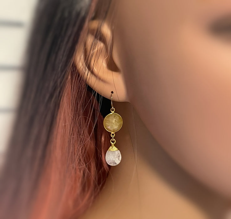 Golden Sapphire & Moonstone Bezel Drop Earrings – 14k Gold Filled – Handmade in Raleigh NC – Gift-Boxed Jewelry