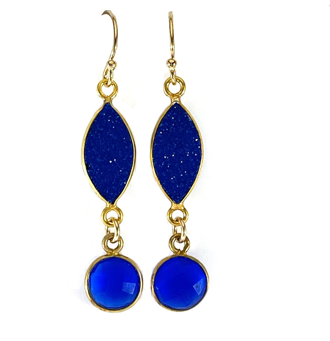 Blue Druzy & Blue Chalcedony Drop Earrings – 14k Gold Filled – Handmade in Raleigh NC – 1.5" Gift-Boxed Jewelry