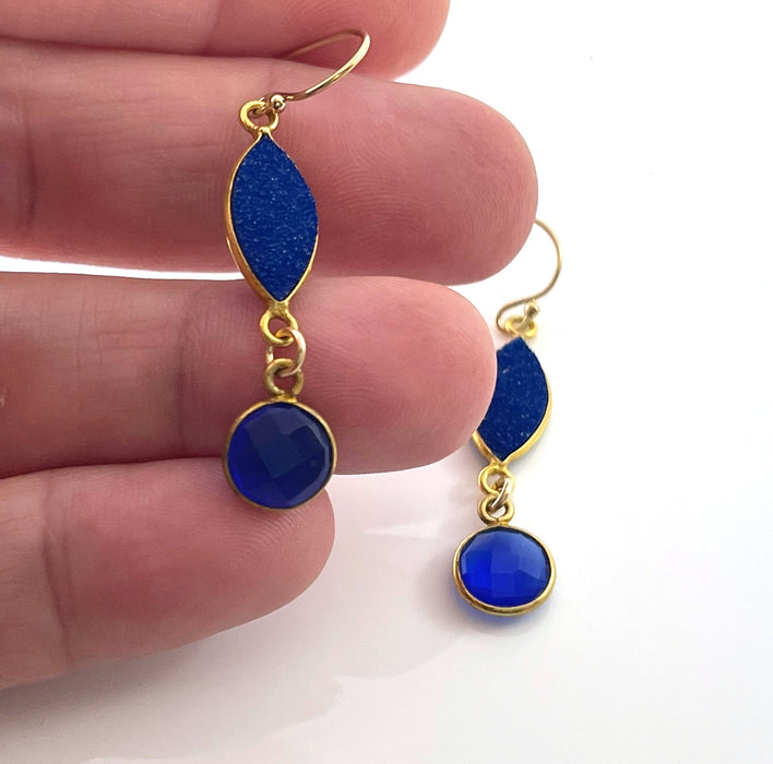 Blue Druzy & Blue Chalcedony Drop Earrings – 14k Gold Filled – Handmade in Raleigh NC – 1.5" Gift-Boxed Jewelry