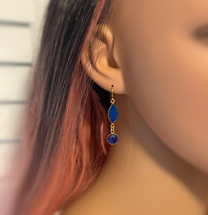 Blue Druzy & Blue Chalcedony Drop Earrings – 14k Gold Filled – Handmade in Raleigh NC – 1.5" Gift-Boxed Jewelry