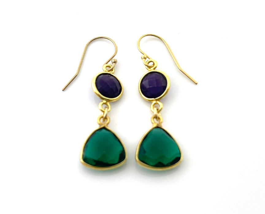 Amethyst & Green Hydro Quartz Bezel Drop Earrings – 14k Gold Filled – Handmade in Raleigh NC – 1.5" Gift-Boxed Jewelry