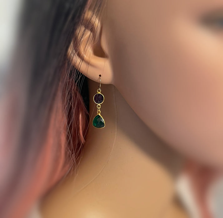 Amethyst & Green Hydro Quartz Bezel Drop Earrings – 14k Gold Filled – Handmade in Raleigh NC – 1.5" Gift-Boxed Jewelry