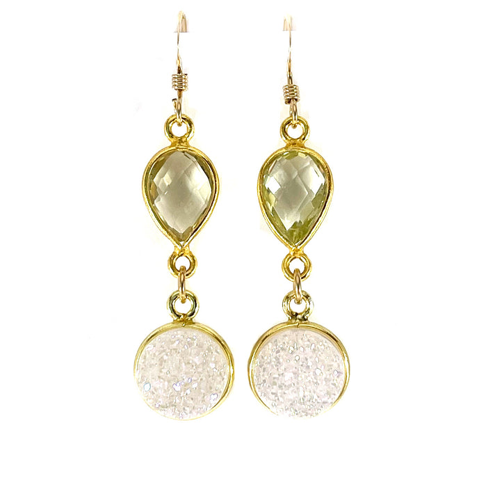 Lemon Quartz & White Druzy Drop Earrings – 14k Gold Filled – Handmade in Raleigh NC – 1.5" Gift-Boxed Jewelry