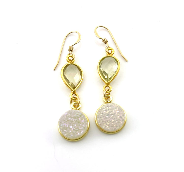 Lemon Quartz & White Druzy Drop Earrings – 14k Gold Filled – Handmade in Raleigh NC – 1.5" Gift-Boxed Jewelry
