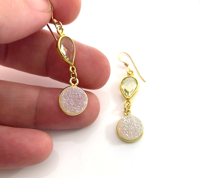 Lemon Quartz & White Druzy Drop Earrings – 14k Gold Filled – Handmade in Raleigh NC – 1.5" Gift-Boxed Jewelry