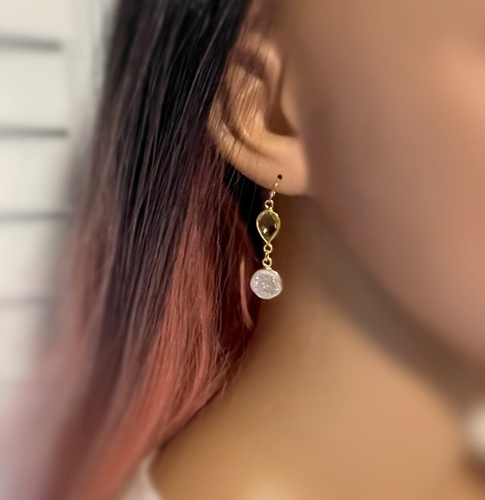 Lemon Quartz & White Druzy Drop Earrings – 14k Gold Filled – Handmade in Raleigh NC – 1.5" Gift-Boxed Jewelry