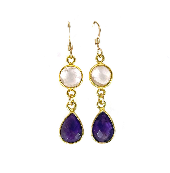 Clear Quartz & Amethyst Bezel Drop Earrings – 14k Gold Filled – Handmade in Raleigh NC – 1.5" Gift-Boxed Jewelry