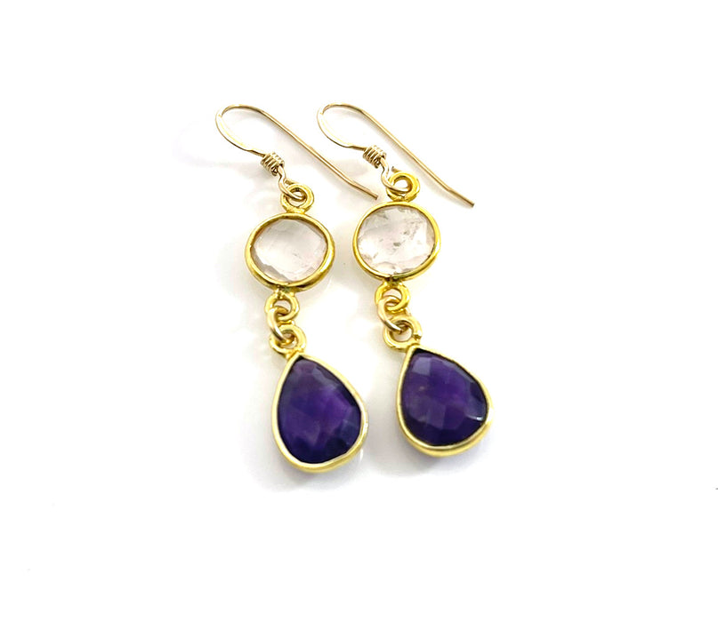 Clear Quartz & Amethyst Bezel Drop Earrings – 14k Gold Filled – Handmade in Raleigh NC – 1.5" Gift-Boxed Jewelry