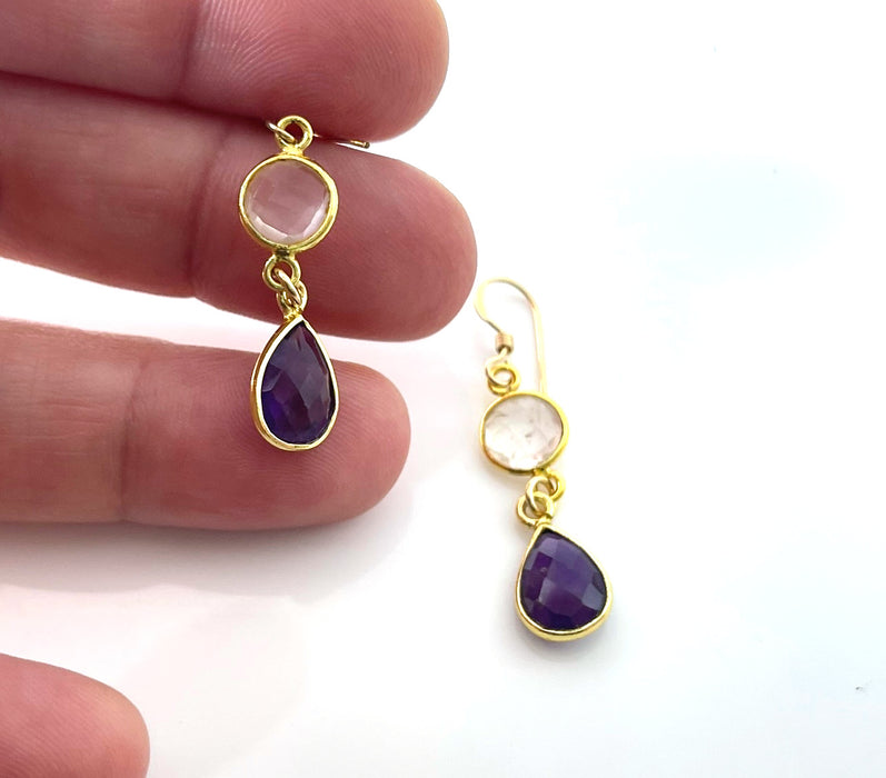 Clear Quartz & Amethyst Bezel Drop Earrings – 14k Gold Filled – Handmade in Raleigh NC – 1.5" Gift-Boxed Jewelry