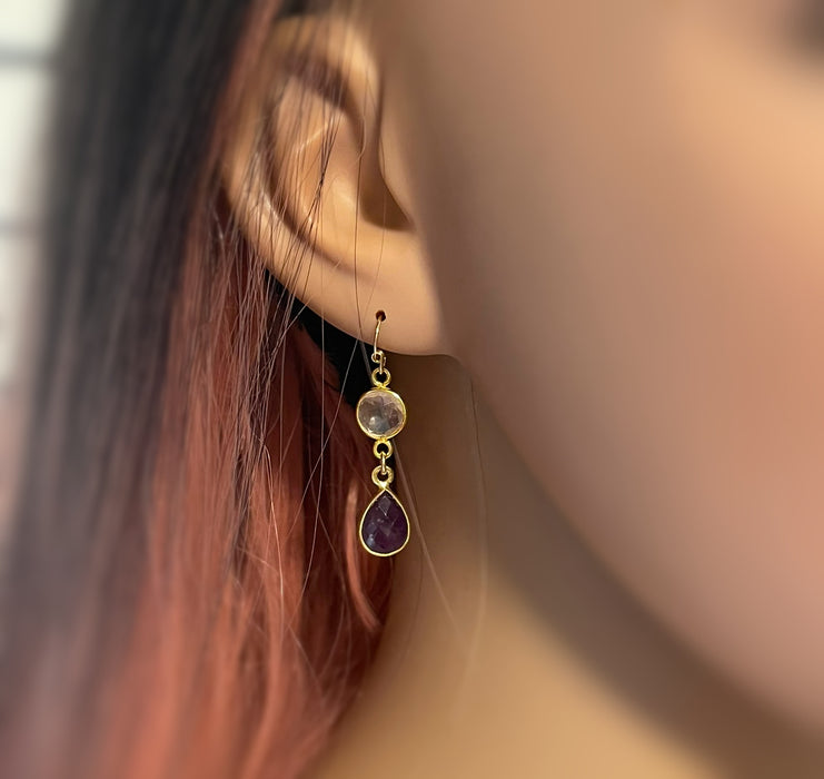 Clear Quartz & Amethyst Bezel Drop Earrings – 14k Gold Filled – Handmade in Raleigh NC – 1.5" Gift-Boxed Jewelry