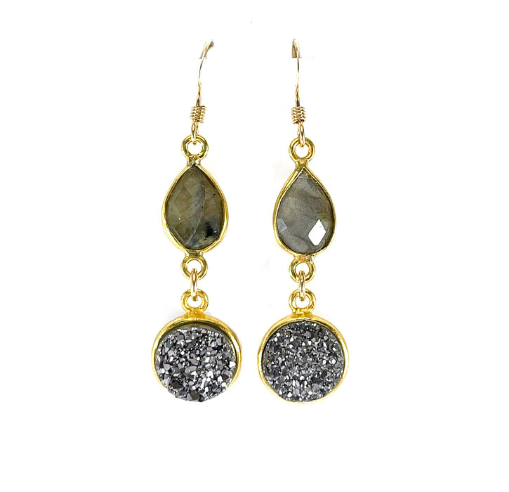 Labradorite & Gray Druzy Drop Earrings – 14k Gold Filled – Handmade in Raleigh NC – 1.5" Gift-Boxed Jewelry