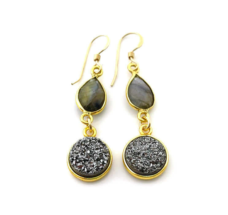 Labradorite & Gray Druzy Drop Earrings – 14k Gold Filled – Handmade in Raleigh NC – 1.5" Gift-Boxed Jewelry