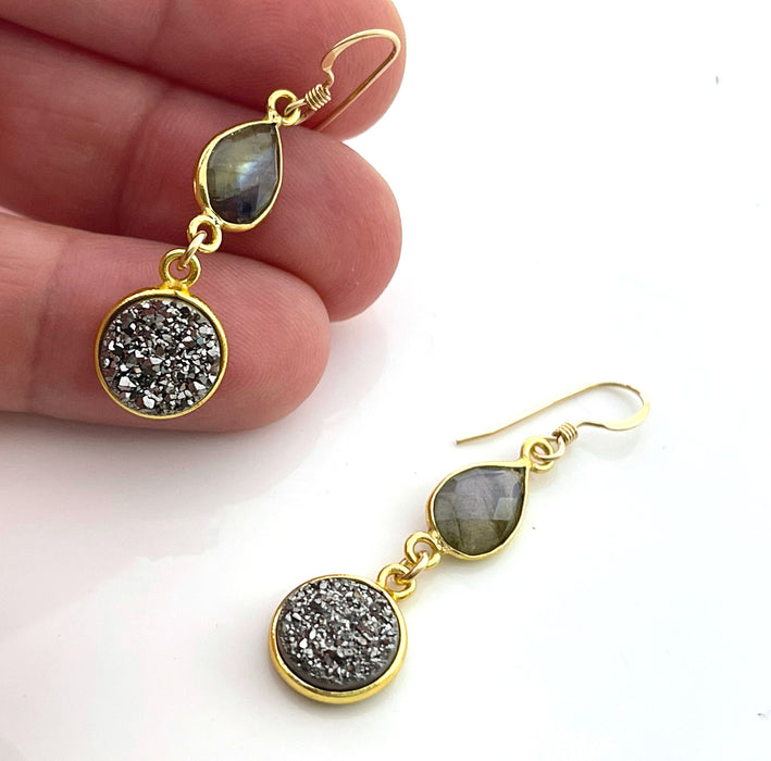 Labradorite & Gray Druzy Drop Earrings – 14k Gold Filled – Handmade in Raleigh NC – 1.5" Gift-Boxed Jewelry