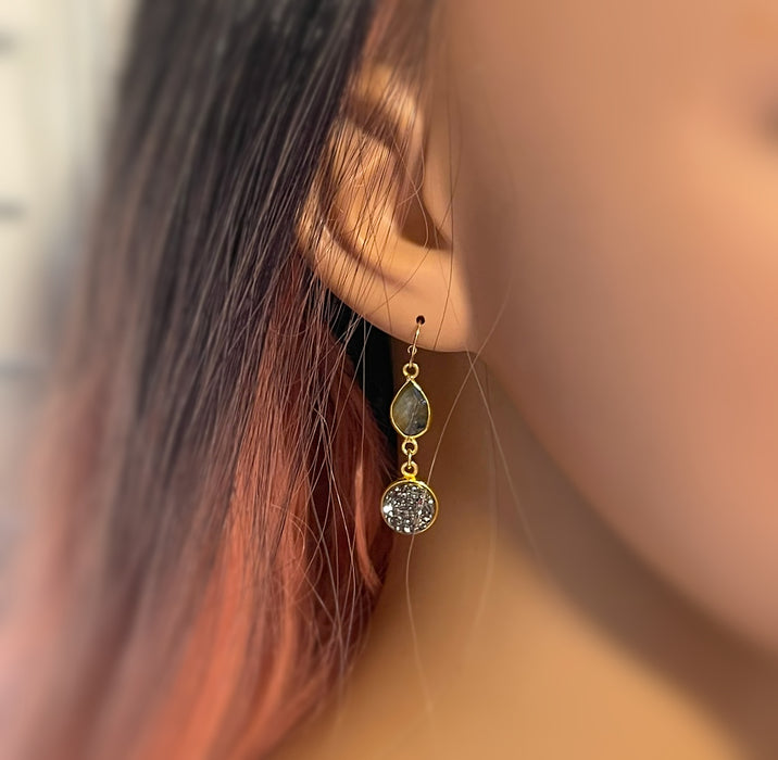 Labradorite & Gray Druzy Drop Earrings – 14k Gold Filled – Handmade in Raleigh NC – 1.5" Gift-Boxed Jewelry