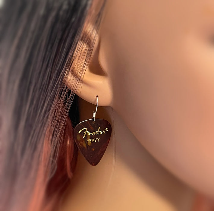 Genuine Fender Guitar Pick Earrings – Sterling Silver Ear Wires – Handmade in Raleigh NC – 1.75" Gift-Boxed Jewelry