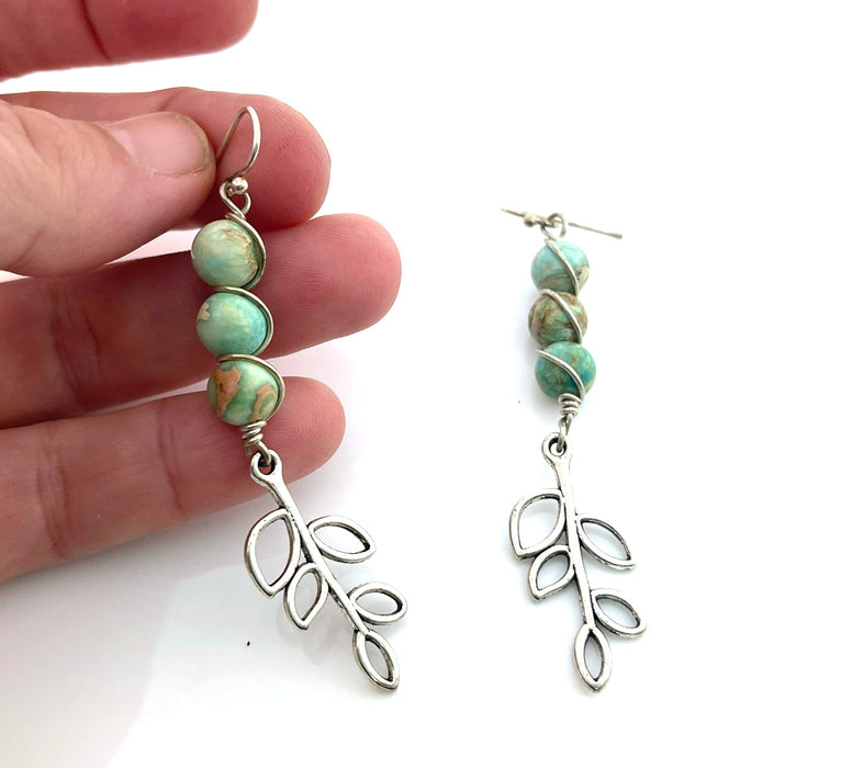 Aqua Terra Jasper & Pewter Tree Earrings – 3 Inch Statement Drops – Sterling Silver Earwires – Handmade in Raleigh NC