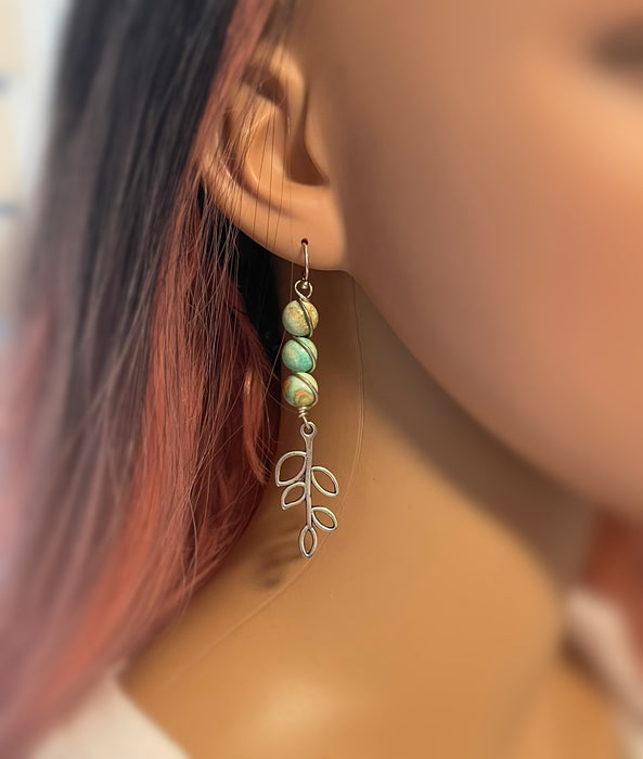 Aqua Terra Jasper & Pewter Tree Earrings – 3 Inch Statement Drops – Sterling Silver Earwires – Handmade in Raleigh NC