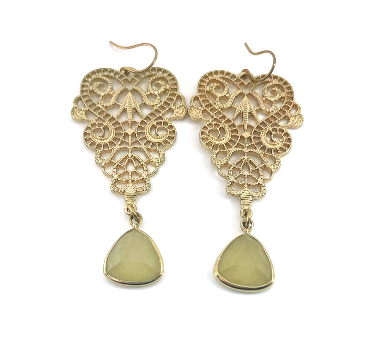 Victorian Filigree & Resin Gemstone Earrings – Gold Plated Brass Dangle – Handmade in Raleigh