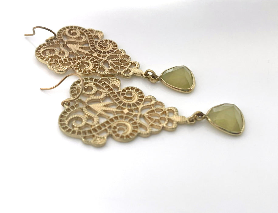 Victorian Filigree & Resin Gemstone Earrings – Gold Plated Brass Dangle – Handmade in Raleigh