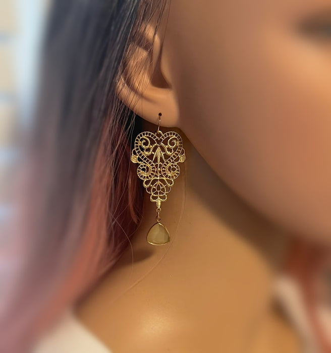 Victorian Filigree & Resin Gemstone Earrings – Gold Plated Brass Dangle – Handmade in Raleigh