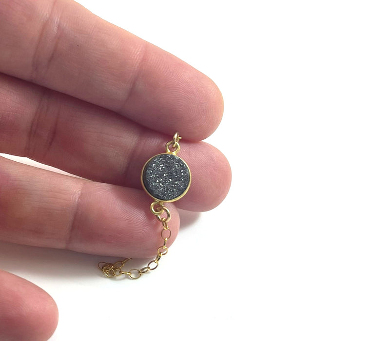Dainty Gray Druzy Bracelet – 14k Gold Filled Chain – Sparkling Gemstone – Handmade in Raleigh