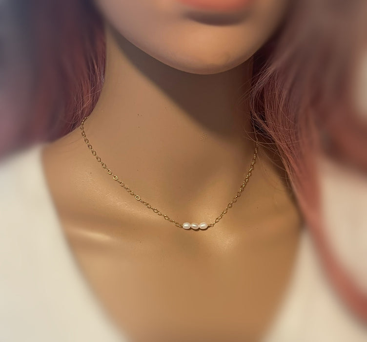 Dainty Pearl Choker – 14k Gold Filled Chain – Three Freshwater Pearls – Handmade in Raleigh