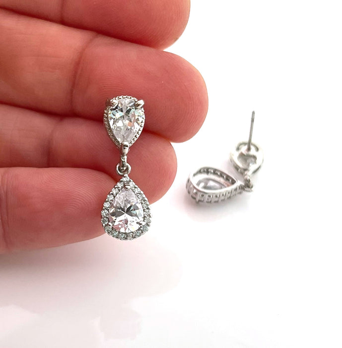 CZ Teardrop Bridal Earrings – One-of-a-Kind Sterling Silver Studs