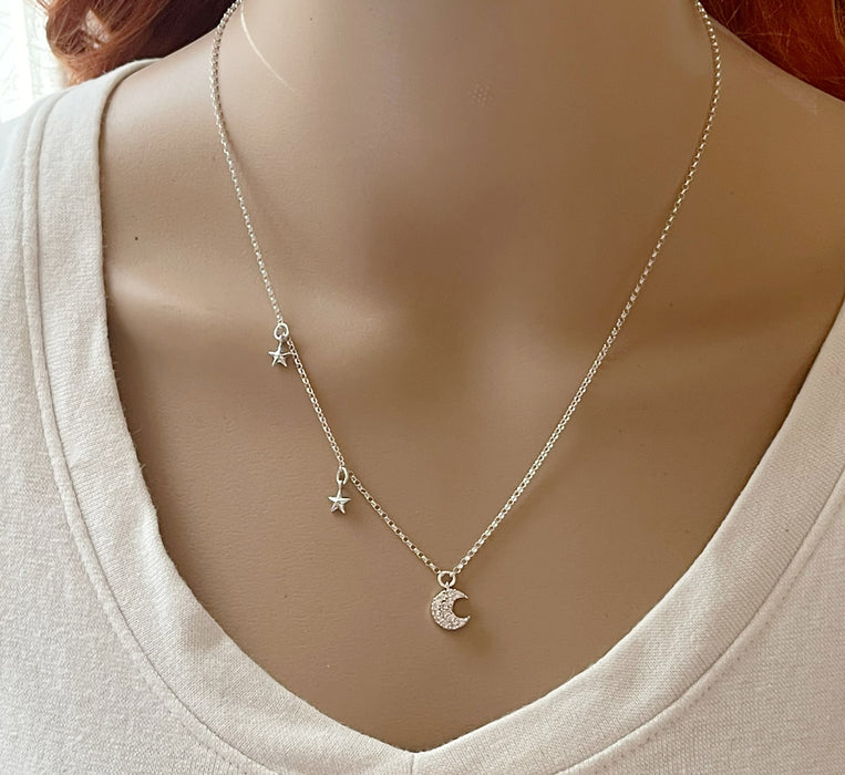 Sterling Silver CZ Crescent Moon Necklace