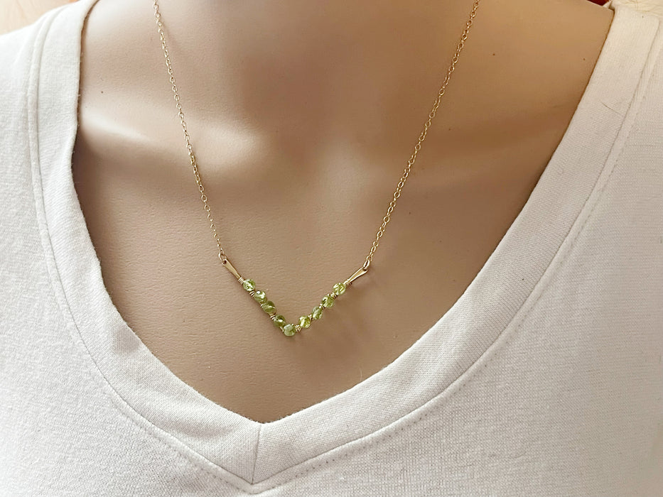 Peridot V Necklace – One-of-a-Kind Gold Filled Wire Wrapped Jewelry