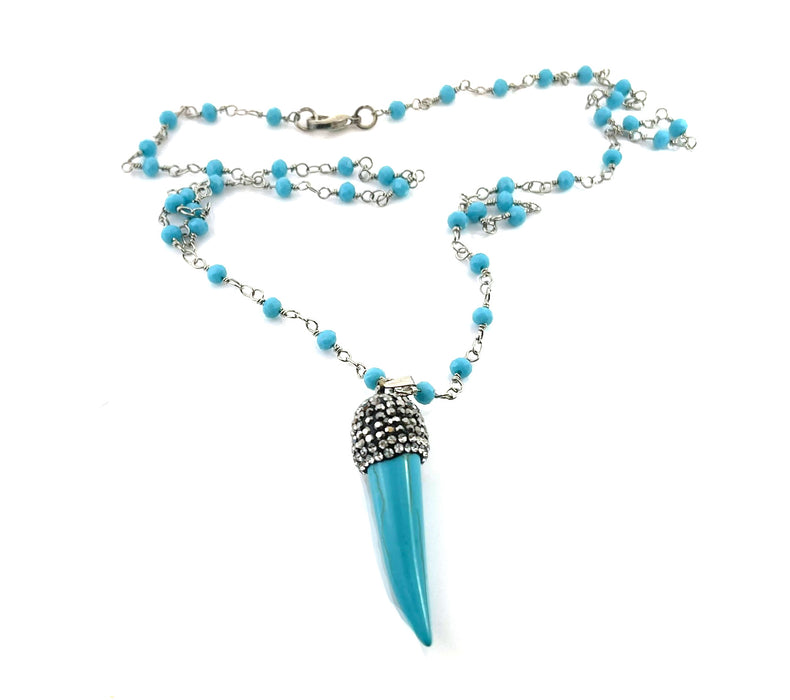 Turquoise Horn Necklace – Howlite & Czech Glass on Stainless Steel Chain