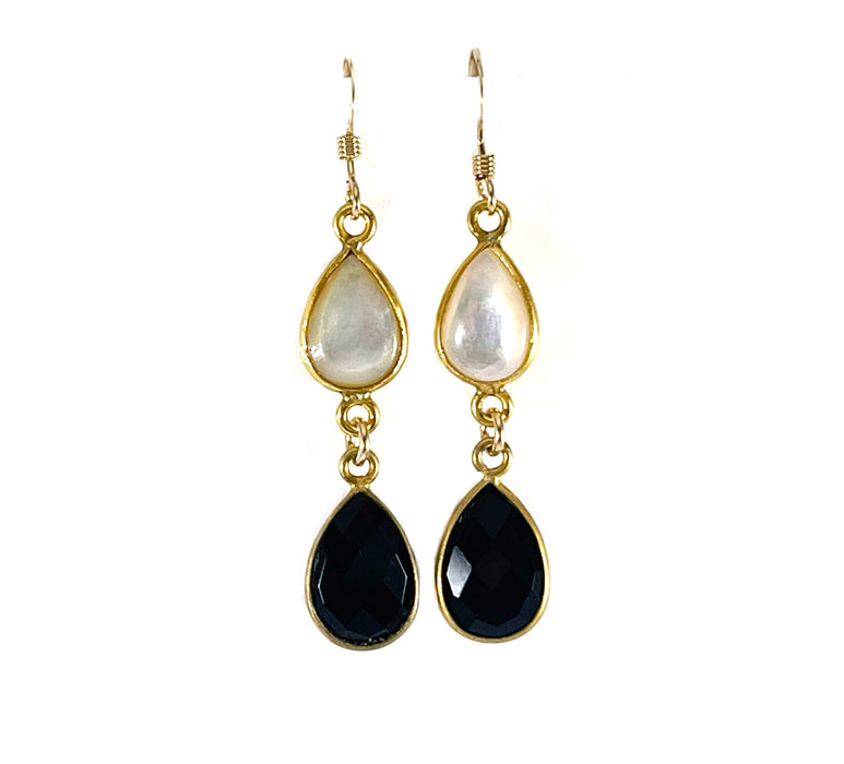 Black Spinel & Mother of Pearl Drop Earrings – 14K Gold Fill