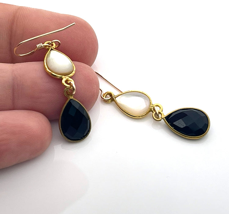 Black Spinel & Mother of Pearl Drop Earrings – 14K Gold Fill