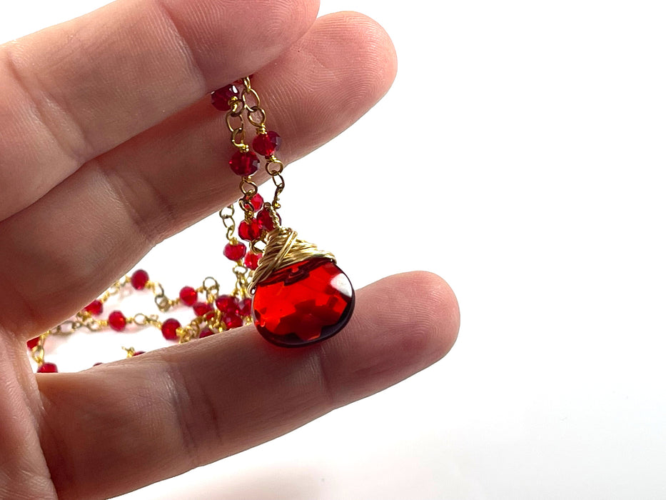 Red Glass Pendant Necklace – Gold Plated Brass, 18 Inch