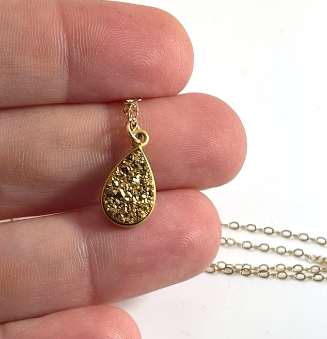 Gold Druzy Teardrop Necklace – 14k Gold Fill
