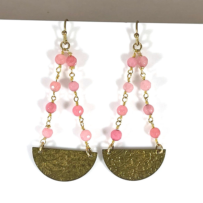 Pink Jade & Textured Brass Drop Earrings – 14k Gold Filled